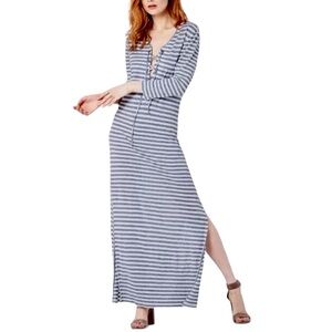 Ag Adriano Goldschmied Linen Blue Striped Lace Up Claude Maxi Dress Size XS
